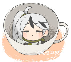Rule 34 | 1boy, ahoge, black gloves, cape, closed eyes, cup, facing viewer, gloves, in container, in cup, library of ruina, mini person, miniboy, moribe denkou, multicolored hair, parted lips, project moon, simple background, solo, streaked hair, teacup, white background, white cape, yan vismok