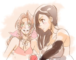 Rule 34 | 2girls, aerith gainsborough, bare arms, bare shoulders, black hair, blush, braid, braided ponytail, breasts, brown hair, choker, cleavage, dress, earrings, elbow gloves, final fantasy, final fantasy vii, gloves, green eyes, hair behind ear, hair between eyes, hair over shoulder, hair ribbon, jewelry, large breasts, long hair, looking to the side, medium breasts, multiple girls, open mouth, parted bangs, parted lips, pink dress, pink ribbon, red eyes, ribbon, shirt, sidelocks, smile, teeth, tifa lockhart, torimeiro, upper body, upper teeth only, wavy hair, white shirt