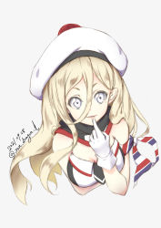 Rule 34 | 1girl, beret, blonde hair, commentary request, cropped torso, dated, dress, gloves, grey eyes, hair between eyes, hat, highres, kantai collection, long hair, looking at viewer, mole, mole under eye, mole under mouth, multicolored clothes, multicolored gloves, multicolored scarf, one-hour drawing challenge, pom pom (clothes), richelieu (kancolle), scarf, simple background, solo, strapless, strapless dress, tetsuryuu, twitter username, two-tone dress, two-tone gloves, upper body, white background, white hat