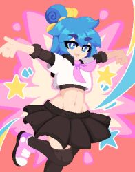 Rule 34 | 1girl, black shirt, black skirt, blue eyes, blue hair, crop top, fang, hair bun, hair ornament, hair ribbon, layered clothes, looking at viewer, midriff, minimilieu, multicolored background, navel, neckerchief, open mouth, original, outstretched arms, over-kneehighs, pink footwear, pink neckerchief, pixel art, ribbon, shirt, shoes, skirt, sleeves rolled up, smile, sneakers, solo, standing, standing on one leg, star (symbol), stomach, thick eyebrows, thighhighs, white shirt, yellow ribbon