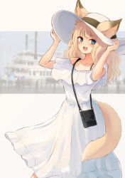 Rule 34 | 1girl, :d, animal ear fluff, animal ears, arms up, bag, bare shoulders, batta (kanzume quality), blonde hair, blue eyes, blush, collarbone, commentary request, dress, ears through headwear, fangs, fox ears, fox girl, fox tail, hand on headwear, hat, jewelry, long hair, looking at viewer, off-shoulder dress, off shoulder, open mouth, original, ring, shoulder bag, smile, solo focus, steamboat, sun hat, tail, teeth, upper teeth only, wedding ring, white dress, white headwear
