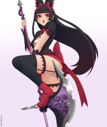 Rule 34 | 1girl, :d, artist name, ass, axe, black hair, black thighhighs, blunt bangs, boots, commentary, detached sleeves, english commentary, garter straps, gate - jieitai ka no chi nite kaku tatakaeri, gothic lolita, gradient background, halberd, kuroonehalf, lolita fashion, long hair, looking at viewer, open mouth, panties, pantyshot, polearm, puffy detached sleeves, puffy sleeves, red eyes, red footwear, rory mercury, simple background, smile, solo, thighhighs, underwear, very long hair, weapon, white panties