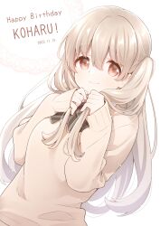 Rule 34 | 1girl, blonde hair, brown eyes, brown sweater, character name, commentary request, dated, hair between eyes, happy birthday, highres, holding, holding own hair, long hair, long sleeves, looking at viewer, minagi koharu, simple background, sleeves past wrists, slow loop, smile, solo, sweater, two side up, uchino maiko, upper body, white background