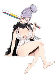 Rule 34 | 1girl, arm support, artist name, ayase seiko, barefoot, baseball bat, black eyes, breasts, buttons, cape, cleavage, commentary request, dress, earrings, fingernails, full body, glasses, head tilt, highres, holding, hoop earrings, jewelry, large breasts, lips, long hair, looking at viewer, open mouth, original, panties, purple hair, relaxjon, semi-rimless eyewear, shiny skin, short dress, signature, simple background, sitting, smile, solo, thighs, toes, underwear, white panties