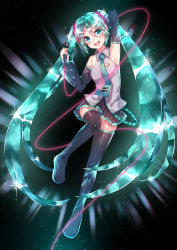 Rule 34 | 1girl, :d, absurdres, arm behind back, armpits, black background, black footwear, black skirt, blue eyes, blue nails, blush, boots, detached sleeves, floating hair, full body, green hair, green necktie, grey shirt, hair between eyes, hatsune miku, highres, holding, holding microphone, houseki no kuni, leg up, long hair, looking at viewer, microphone, miniskirt, nail polish, necktie, open mouth, pleated skirt, shiny clothes, shiny skin, shirt, skirt, sleeveless, sleeveless shirt, sll, smile, solo, thigh boots, thighhighs, twintails, very long hair, vocaloid, zettai ryouiki