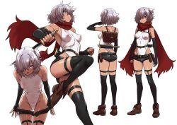Rule 34 | 1girl, ass, back, bare shoulders, black gloves, black thighhighs, blue eyes, blush, boots, breasts, character sheet, clenched hand, covered erect nipples, dark-skinned female, dark skin, elbow gloves, fingerless gloves, fumitan (humitan), gloves, grey hair, hair ornament, hairclip, heterochromia, holding, holding knife, holding sword, holding weapon, knife, leotard, looking at viewer, medium breasts, multiple views, original, red eyes, scarf, sheath, sheathed, short hair, short sword, shorts, simple background, sword, thighhighs, undressing, weapon, white background