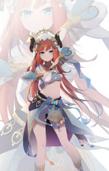 Rule 34 | 1girl, absurdres, aqua eyes, arabian clothes, bare shoulders, blue skirt, blush, breasts, closed mouth, crop top, dancer, detached sleeves, feet out of frame, forehead jewel, genshin impact, gladiator sandals, highres, horns, long hair, long sleeves, looking at viewer, midriff, navel, nilou (genshin impact), puffy long sleeves, puffy sleeves, qixia, red hair, sandals, skirt, small breasts, smile, solo, stomach, tassel, thighlet, vambraces, veil, very long hair, white headdress, white veil