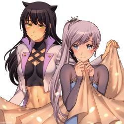 Rule 34 | 2girls, abs, alternate costume, animal ears, black hair, blake belladonna, blanket, blue eyes, blush, breasts, breasts apart, cape, cat ears, cat girl, closed mouth, dress, earrings, extra ears, faunus (rwby), hair ornament, hands up, happy, high collar, highres, holding, holding blanket, jacket, jewelry, kio rojine, long hair, long sleeves, looking at another, medium breasts, midriff, multiple girls, navel, open clothes, open jacket, ponytail, rwby, scar, scar across eye, scar on face, side ponytail, simple background, smile, upper body, weiss schnee, white background, white hair, yellow eyes