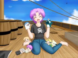Rule 34 | 1girl, ^ ^, barefoot, breasts, closed eyes, hand puppet, large breasts, original, pirate, puppet, purple hair, regdic, ship, skull, skull and crossbones, smile, solo, watercraft