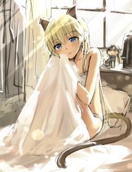 Rule 34 | 1girl, animal ears, bed, blanket, blonde hair, blue eyes, blush, character doll, doll, gertrud barkhorn, helma lennartz, lingerie, long hair, panties, pillow, sandwich (artist), sleepwear, solo, strike witches, strike witches: suomus misfits squadron, stuffed toy, sunlight, tail, tsuchii (ramakifrau), underwear, waking up, window, world witches series