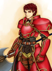 Rule 34 | 1boy, armor, axe, belt, fire emblem, fire emblem: path of radiance, gradient background, kieran, male focus, nintendo, purutoppu (toranohige), red armor, red eyes, red hair, short hair, smile, solo, weapon