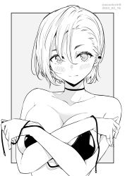Rule 34 | 1girl, bikini, bikini top only, blush, breasts, choker, closed mouth, collarbone, commentary request, covering privates, covering breasts, dated, ear piercing, grey background, greyscale, highres, kichihachi, large breasts, looking at viewer, monochrome, original, piercing, short hair, smile, solo, swimsuit, twitter username, two-tone background, upper body, white background