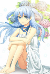 Rule 34 | 1girl, bare shoulders, barefoot, blue eyes, blue hair, dress, expressionless, flower, frilled dress, frills, hair between eyes, hydrangea, jenevan, long hair, lowres, matching hair/eyes, ribbon, short twintails, sitting, skirt, solo, sword girls, twintails, two side up, white skirt