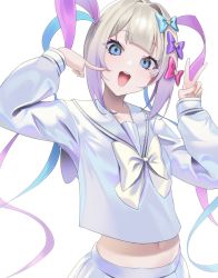 Rule 34 | 1girl, :d, arms up, aya (lezon), blonde hair, blue eyes, blue hair, blunt bangs, bow, chouzetsusaikawa tenshi-chan, collared shirt, eyeshadow, gradient hair, hair bow, hair ornament, highres, holographic clothing, iridescent, long hair, long sleeves, looking at viewer, makeup, midriff, multicolored hair, multicolored nails, nail polish, navel, needy girl overdose, open mouth, pink hair, pleated skirt, puffy sleeves, purple hair, quad tails, sailor collar, sailor shirt, school uniform, shirt, shirt bow, simple background, skirt, smile, solo, upper body, v, very long hair, white background, white bow, white shirt, white skirt