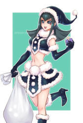 Rule 34 | 1girl, :d, aqua background, bag, black footwear, black gloves, black hair, black hat, black sclera, black skirt, blue eyes, boots, border, box, breasts, carly nagisa, colored sclera, crop top, dual persona, elbow gloves, fur-trimmed boots, fur-trimmed gloves, fur-trimmed headwear, fur-trimmed skirt, fur trim, gift, gift bag, gift box, gloves, hat, holding, holding bag, holding box, izapara, long hair, looking at viewer, medium breasts, midriff, miniskirt, navel, open mouth, outline, santa boots, santa costume, santa hat, skirt, smile, solo, standing, standing on one leg, stomach, twitter username, white border, yu-gi-oh!, yu-gi-oh! 5d&#039;s