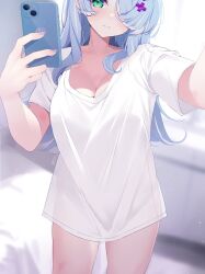Rule 34 | + +, 1girl, alternate costume, blue hair, blurry, blurry background, breasts, cleavage, closed mouth, commentary, cross hair ornament, deyui, elira pendora, english commentary, green eyes, hair ornament, hair over one eye, highres, holding, holding phone, large breasts, long hair, nijisanji, nijisanji en, no pants, phone, reaching, reaching towards viewer, see-through silhouette, selfie, shirt, short sleeves, solo, virtual youtuber, white shirt