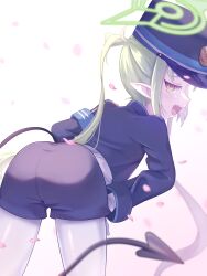 Rule 34 | 1girl, absurdres, ass, ass focus, bent over, blue archive, blue hat, blush, demon girl, demon tail, from behind, gloves, hat, highres, jacket, leaning forward, long hair, long sleeves, mesugaki, negitail31, open mouth, pantyhose, pointy ears, shirt, shorts, simple background, solo, tail, white background, yellow eyes