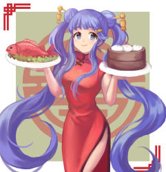 Rule 34 | 1girl, :q, aged up, alternate costume, asari nanami, bad id, bad pixiv id, baozi, blue eyes, blue hair, blunt bangs, border, breasts, china dress, chinese clothes, closed mouth, double bun, dress, earrings, eyebrows, eyelashes, fish, fish hair ornament, food, green background, hair bun, hair ornament, hair stick, hairclip, highres, holding, holding plate, idolmaster, idolmaster cinderella girls, jewelry, long hair, looking at viewer, medium breasts, onigiri (233), pearl earrings, plate, red dress, short sleeves, sidelocks, smile, solo, tareme, tongue, tongue out, twintails, very long hair, waitress, walking, wavy hair