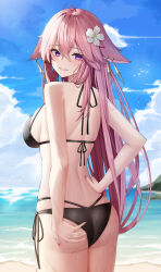 Rule 34 | 1girl, absurdres, ahoge, alternate costume, animal ears, ass, back, bare arms, bare back, bare shoulders, beach, bikini, bird, black bikini, blue sky, blush, breasts, cloud, cowboy shot, crossed bangs, day, earrings, fingernails, floppy ears, flower, fox ears, from behind, genshin impact, glint, hair between eyes, hair flower, hair ornament, hand on own hip, hand on own ass, highres, hsxxx, jewelry, large breasts, long fingernails, long hair, looking at viewer, looking back, nail polish, ocean, outdoors, parted lips, pink hair, pink nails, purple eyes, sand, side-tie bikini bottom, sideboob, skindentation, sky, smile, solo, standing, string bikini, swimsuit, thighs, very long hair, water, wet, white flower, yae miko