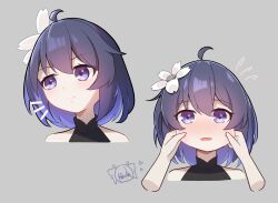 Rule 34 | 2girls, :o, ahoge, black shirt, blue eyes, blue hair, blush, bronya zaychik, closed mouth, cropped torso, female pov, flower, grey background, hair bobbles, hair flower, hair ornament, hands on another&#039;s cheeks, hands on another&#039;s face, highres, honkai (series), honkai impact 3rd, looking at viewer, multiple girls, multiple views, nodgilmo573, open mouth, pov, pov hands, seele vollerei, shirt, simple background, sleeveless, sleeveless shirt, white flower