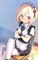 Rule 34 | 1girl, bad id, bad twitter id, blonde hair, blush, chair, commentary request, crossed arms, crossed legs, embarrassed, frown, highres, looking to the side, magenta (atyana), maid, maid headdress, original, short hair, sitting, solo, thighhighs, white thighhighs, wristband, yellow eyes, zettai ryouiki