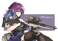 Rule 34 | 1girl, black thighhighs, brown eyes, fatkewell, food, garter straps, gloves, gun, holding, holding gun, holding weapon, knee pads, long hair, mouth hold, original, pocky, ponytail, purple hair, rifle, scope, sitting, solo, thighhighs, trigger discipline, weapon