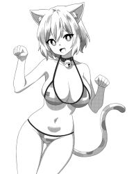 Rule 34 | 1girl, animal ears, bell, breasts, cat ears, cat tail, cleavage, collarbone, cowboy shot, fang, gluteal fold, goutokuji mike, greyscale, hair between eyes, large breasts, monochrome, navel, neck bell, onkn sxkn, open mouth, short hair, simple background, solo, tail, thigh gap, touhou, white background