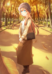 Rule 34 | 1girl, autumn, autumn leaves, bag, beanie, bench, blue eyes, boots, brown skirt, commentary, falling leaves, full body, grey hat, hat, highres, jacket, lamppost, leaf, long hair, long skirt, looking at viewer, matsuhisa (ryo-tsuda1), megurine luka, orange theme, outdoors, own hands together, park, park bench, pink hair, road, shirt, shoulder bag, skirt, smile, solo, standing, sunset, vocaloid, white shirt