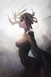 Rule 34 | 1girl, arched back, black bodysuit, black cape, blue eyes, bodysuit, breasts, cape, cityscape, closed mouth, clothing cutout, dutch angle, eyeshadow, female focus, from side, hela (marvel), helmet, highres, horns, jellyemily, large breasts, lips, lipstick, makeup, marvel, neck, profile, red lips, serious, shoulder cutout, shoulder pads, solo, sun, thor: ragnarok