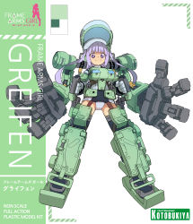 Rule 34 | 1girl, absurdres, beret, blunt bangs, character name, commentary, copyright name, english text, frame arms girl, full body, gluteal fold, greifen, hat, highres, kotobukiya, long hair, looking at viewer, mecha musume, purple eyes, purple hair, rtari, smile, solo, standing, twintails, white background