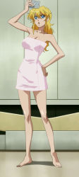 Rule 34 | 10s, 1girl, banpresto, blonde hair, blue eyes, breasts, excellen browning, feet, highres, impossible towel, large breasts, legs, long legs, naked towel, screencap, solo, stitched, super robot wars, super robot wars og the inspector, super robot wars original generation, super robot wars original generation 2, thighs, third-party edit, towel
