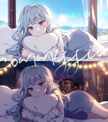 Rule 34 | 1girl, bed sheet, blue eyes, blue hair, blue skirt, blue sky, braid, building, closed mouth, commission, day, feet out of frame, highres, indoors, long hair, long sleeves, looking at viewer, lying, moffle (ayabi), night, night sky, hugging object, ocean, on side, original, pillow, pillow hug, shirt, skirt, sky, skyline, skyscraper, sleeves past wrists, smile, water, white shirt, window