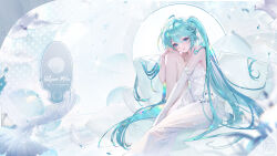 Rule 34 | 1girl, absurdres, aqua hair, bird, blue eyes, blue nails, dress, fake nails, feathers, hand on own knee, hatsune miku, highres, jie xiaoming, knee up, leaning forward, long hair, looking at viewer, miku symphony (vocaloid), pillow, sitting, strapless, strapless dress, twintails, vocaloid, white dress