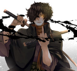Rule 34 | 1boy, alternate costume, black hair, fate/grand order, fate (series), fighting stance, fu yukari, glowing, glowing eye, hair over one eye, holding, holding weapon, jacket, jacket on shoulders, japanese clothes, katana, kimono, koha-ace, long hair, looking at viewer, male focus, middle finger, multiple swords, okada izou (fate), orange scarf, ponytail, scarf, solo, sword, upper body, weapon, yellow eyes