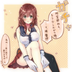 Rule 34 | 10s, 1girl, blush, braid, breasts, brown hair, cleavage, gloves, green eyes, kantai collection, large breasts, long hair, looking at viewer, noshiro (kancolle), open mouth, parted lips, personification, school uniform, serafuku, serino itsuki, sketch, skirt, solo, taut clothes, translation request, twin braids, white gloves, white s