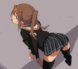 Rule 34 | 1girl, bent over, brown eyes, brown hair, fu-ta, hood, hooded jacket, jacket, looking back, original, ponytail, skirt, solo, thighhighs, thighs, tongue, tongue out, usami taiga