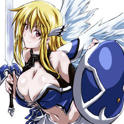Rule 34 | angel wings, artist request, astraea (sora no otoshimono), blonde hair, breasts, cleavage, red eyes, shield, smile, sora no otoshimono, sword, weapon, wings