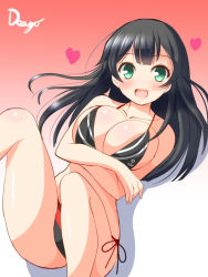 Rule 34 | 10s, 1girl, agano (kancolle), bikini, black hair, blush, breast hold, breasts, cleavage, deego (omochi bazooka), female focus, green eyes, kantai collection, large breasts, long hair, looking at viewer, lying, on back, open mouth, smile, solo, swimsuit