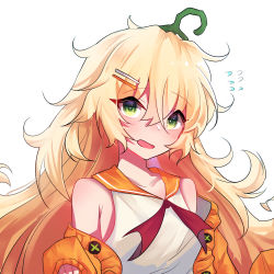 Rule 34 | 1girl, :d, bare shoulders, blonde hair, blush, cardigan, collarbone, commentary, flying sweatdrops, girls&#039; frontline, green eyes, hair between eyes, hair ornament, hairclip, head tilt, highres, long hair, long sleeves, looking at viewer, meow nyang, off shoulder, official alternate costume, open mouth, orange cardigan, orange sailor collar, puffy long sleeves, puffy sleeves, red neckwear, s.a.t.8 (girls&#039; frontline), s.a.t.8 (pumpkin skewers) (girls&#039; frontline), sailor collar, school uniform, serafuku, shirt, simple background, sleeveless, sleeveless shirt, sleeves past wrists, smile, solo, white background, white shirt