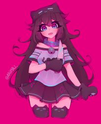 Rule 34 | animal hands, animal hat, ariimaw, bell, breasts, brown hair, cat hat, cropped legs, fangs, gloves, hat, highres, holding, holding knife, kitchen knife, knife, long hair, looking at viewer, medium breasts, neck bell, open mouth, original, paw gloves, pink background, print thighhighs, simple background, smile, solo, thighhighs, twitter username, x x, yandere