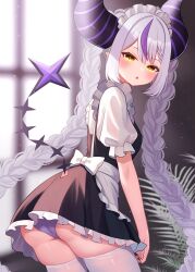 Rule 34 | 1girl, absurdres, braid, create8, grey hair, highres, hololive, horns, indoors, la+ darknesss, looking at viewer, maid, multicolored hair, solo, streaked hair, twin braids, virtual youtuber, yellow eyes