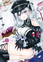 Rule 34 | 1girl, :q, absurdres, artist name, ass, azur lane, bare shoulders, black dress, black gloves, black hair, black hat, black ribbon, black thighhighs, breasts, clothing cutout, dress, earrings, elbe (azur lane), gloves, hair ribbon, hat, heart, heart earrings, highres, indoors, jewelry, large breasts, leotard, multicolored hair, peaked cap, purple eyes, ribbon, shoulder cutout, silver hair, solo, streaked hair, thighhighs, tongue, tongue out, traditional media, two-tone hair, whipberry, white leotard