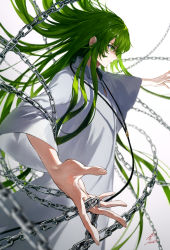 Rule 34 | 1boy, chain, closed mouth, enkidu (fate), fate/strange fake, fate (series), floating hair, foreshortening, from side, green eyes, green hair, highres, hoojiro, long hair, long sleeves, male focus, outstretched arms, profile, robe, signature, solo, spread arms, standing, very long hair, white robe, wide sleeves