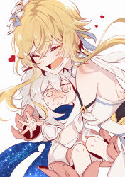 Rule 34 | 2girls, @ @, aka mikan, artist name, bare shoulders, blonde hair, blue cape, breasts, cape, closed eyes, commentary request, crossed bangs, detached sleeves, dress, eyelashes, feather hair ornament, feathers, floating hair, flower, genshin impact, gold trim, hair between eyes, hair flower, hair ornament, halo, heart, highres, hug, long sleeves, lumine (genshin impact), medium breasts, medium hair, multiple girls, open mouth, paimon (genshin impact), short hair with long locks, sidelocks, simple background, smile, teeth, twitter username, vambraces, watermark, wavy mouth, white background, white cape, white dress, white flower, white hair