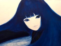 Rule 34 | 1girl, acrylic paint (medium), ai natori, blue eyes, blue hair, blunt bangs, long hair, looking at viewer, original, painting (medium), portrait, simple background, smile, solo, traditional media, white background