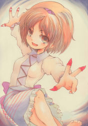 Rule 34 | 1girl, absurdres, ballpoint pen (medium), barefoot, blouse, brown eyes, brown hair, gradient background, hairband, highres, leg up, looking at viewer, marker (medium), nib pen (medium), nishina masato, open mouth, outstretched arms, shirt, short hair, skirt, solo, spread arms, touhou, traditional media, tsukumo yatsuhashi