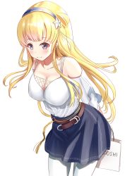 Rule 34 | 1girl, absurdres, bag, bare shoulders, belt, blonde hair, blouse, blue eyes, blue skirt, breasts, cleavage, commentary request, cowboy shot, denim, denim skirt, double bun, fletcher (kancolle), fletcher mk ii (kancolle), hair bun, hair ornament, hairband, highres, kantai collection, large breasts, leaning forward, long hair, looking at viewer, pantyhose, shirt, shopping bag, simple background, skirt, smile, solo, standing, star (symbol), star hair ornament, white background, white pantyhose, white shirt, zuki
