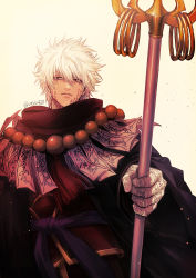 Rule 34 | 1boy, black robe, brown background, closed mouth, gintama, hair between eyes, half-closed eyes, highres, holding, holding staff, long sleeves, male focus, ofuda, open clothes, open robe, red eyes, robe, sakata gintoki, simple background, solo, staff, uraki (tetsu420), white hair, wide sleeves