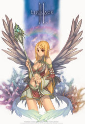 Rule 34 | 00s, 1girl, 2005, blonde hair, breasts, character request, cleavage, copyright name, detached sleeves, elf, elf (lineage 2), highres, kkuem, lineage, lineage 2, long hair, midriff, pointy ears, rainbow, skirt, solo, wand, wings