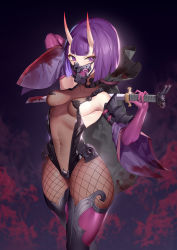 Rule 34 | 1girl, absurdres, armpits, blood, blood on clothes, blood on face, blush, bob cut, breasts, cleavage, elbow gloves, fangs, fate/grand order, fate (series), fishnet pantyhose, fishnets, gloves, highres, horns, jingb dx, katana, leotard, mask, medium breasts, mouth mask, oni, pantyhose, purple eyes, purple hair, see-through, see-through cleavage, short eyebrows, shuten douji (fate), sideboob, skin-covered horns, solo, sword, taimanin (series), taimanin suit, thick thighs, thighhighs, thighs, weapon